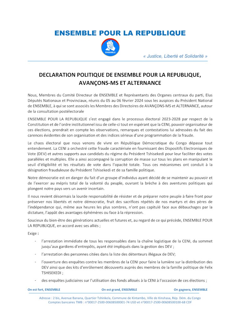 RDC : le parti politique Ensemble pour la république de Moïse Katumbi recommande aux députés élus dans ses regroupements à siéger tout en s'alignant en une opposition sans complaisance